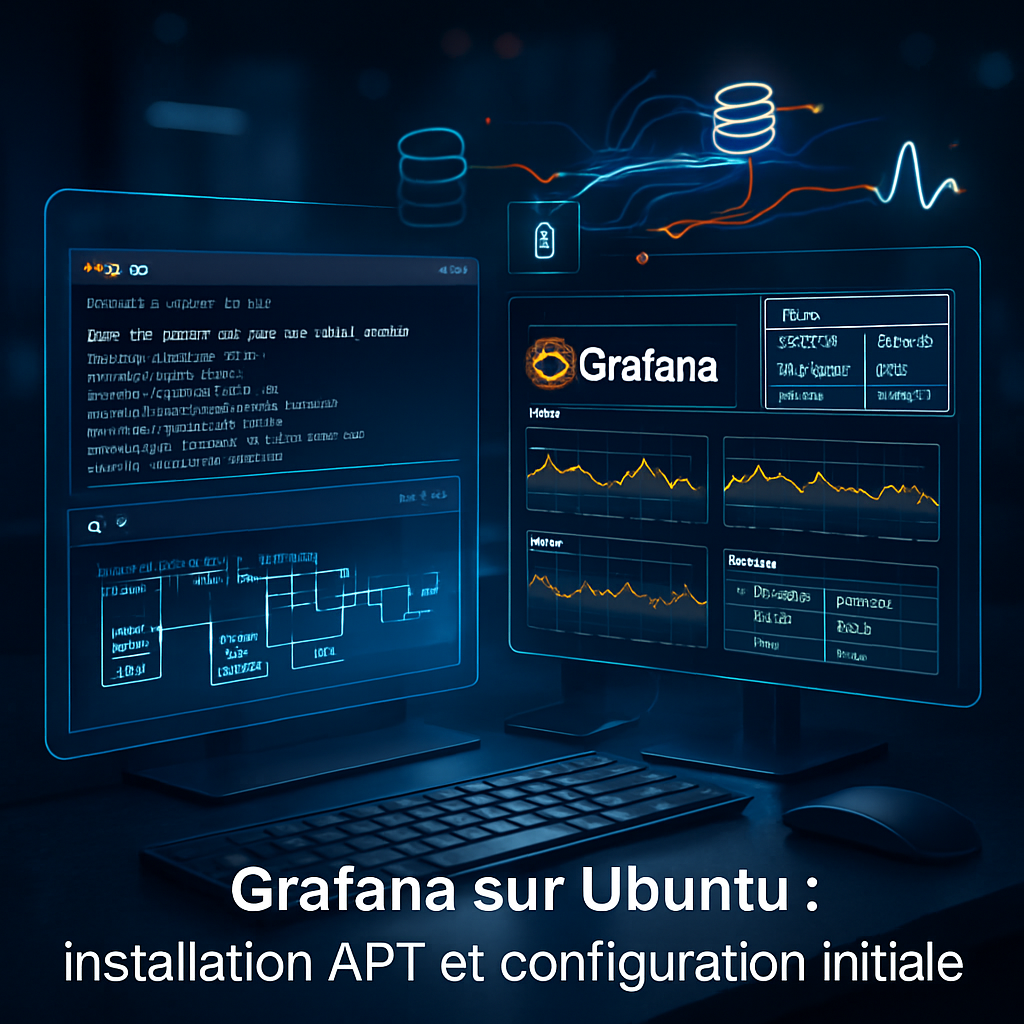 Deux écrans avec l'interface Grafana sur Ubuntu, affichant des graphiques et du texte de code, avec des icônes de bases de données.