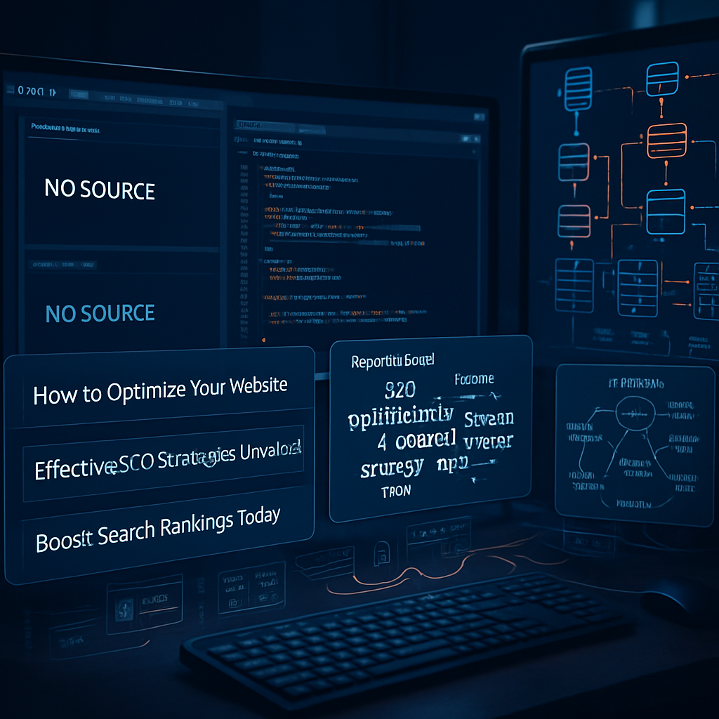 Plusieurs écrans d'ordinateur affichent des codes et des titres SEO sans source identifiable.