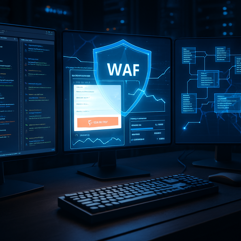 Moniteurs avec interfaces de sécurité WAF, un clavier en avant-plan.