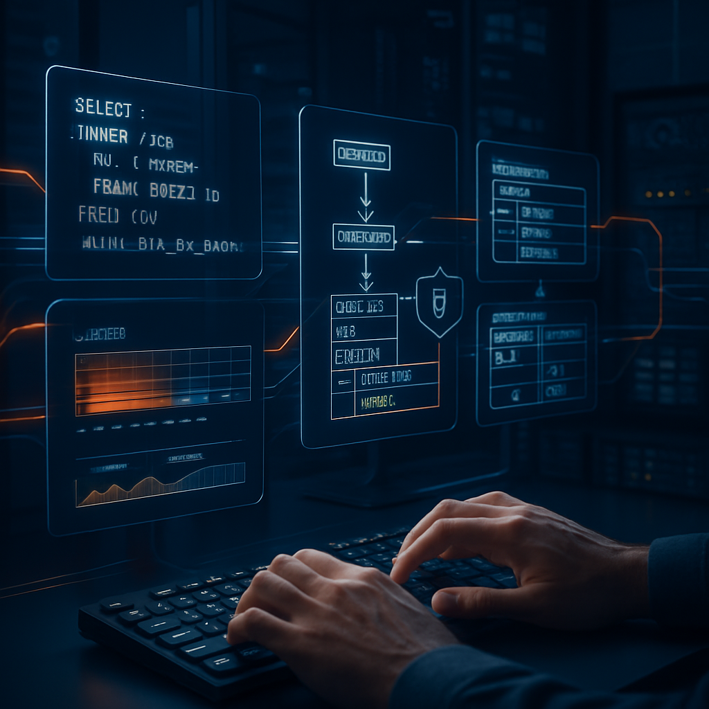 Un développeur travaillant sur l'optimisation de requêtes MySQL avec des graphiques et des schémas sur un écran.