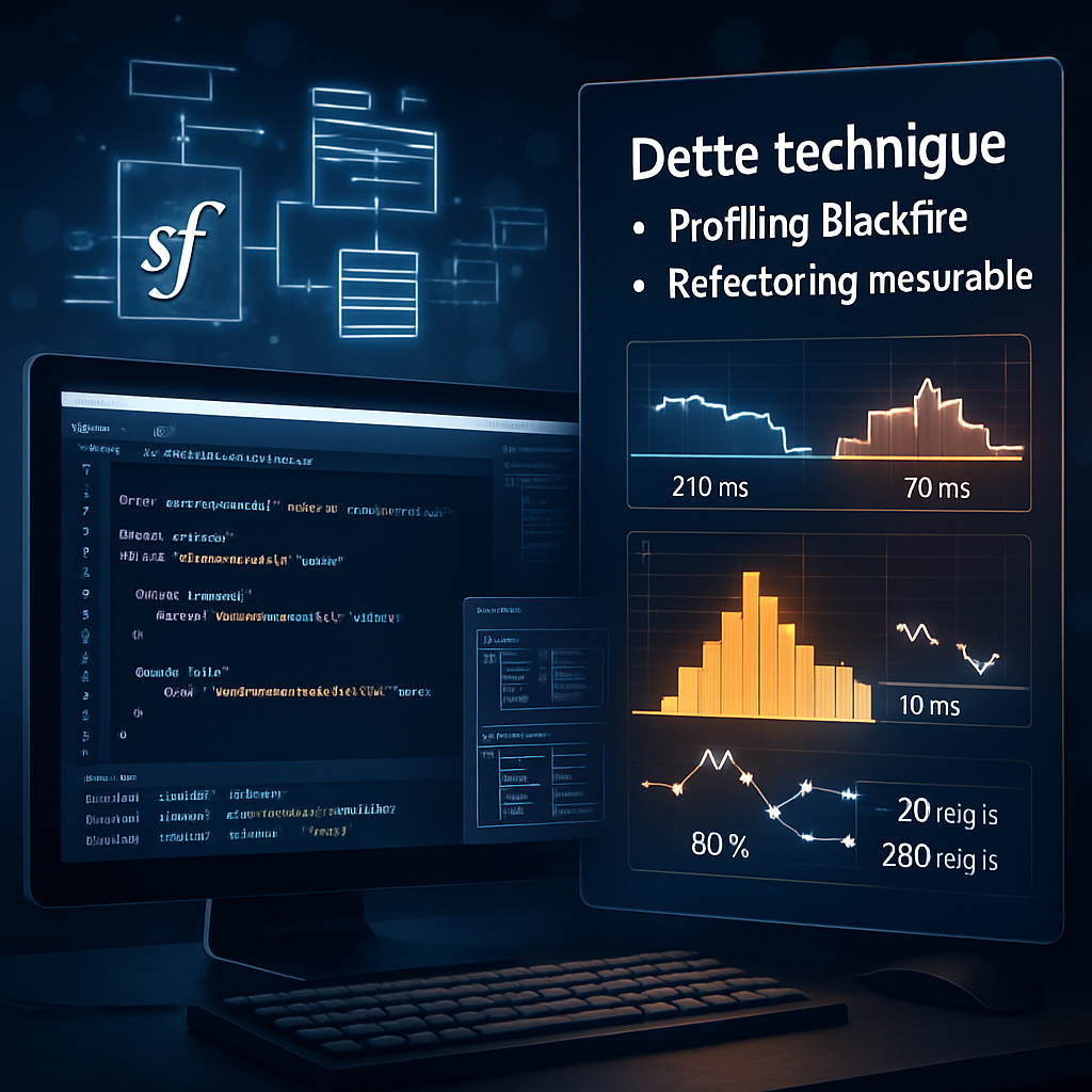 Écran d'ordinateur affichant du code et des graphiques de performance liés à Symfony.