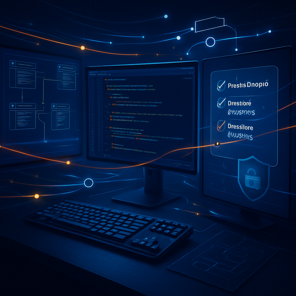 Écrans d'ordinateur montrant du code et des listes de vérification pour la migration des modules PrestaShop.