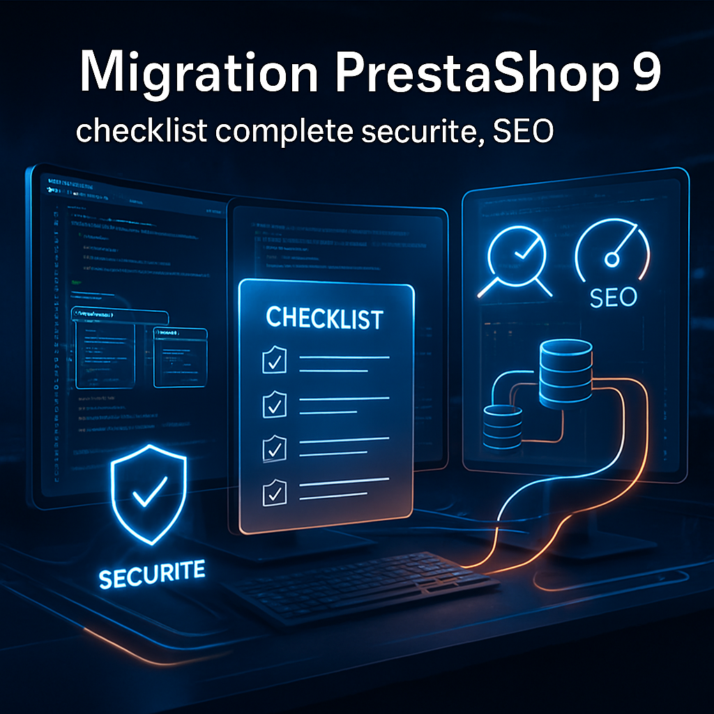 Visuel numérique avec des écrans affichant une check-list et des icônes de sécurité et SEO pour PrestaShop 9.