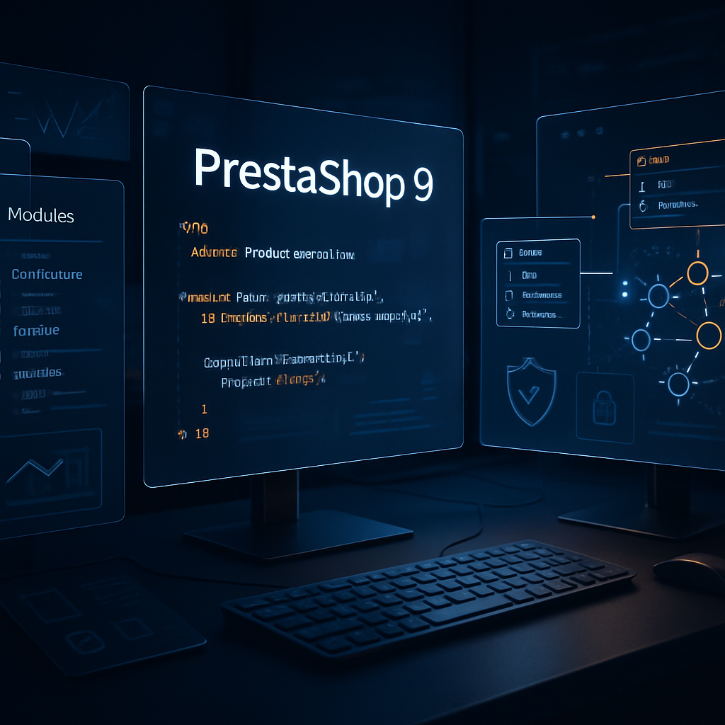 Écrans d'ordinateur avec code et diagrammes pour PrestaShop 9.