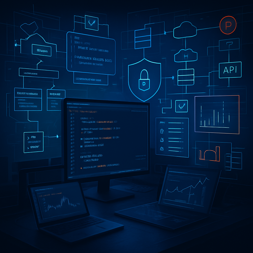 Écrans d'ordinateur affichant du code PHP et des graphiques, avec des icônes de sécurité en arrière-plan.