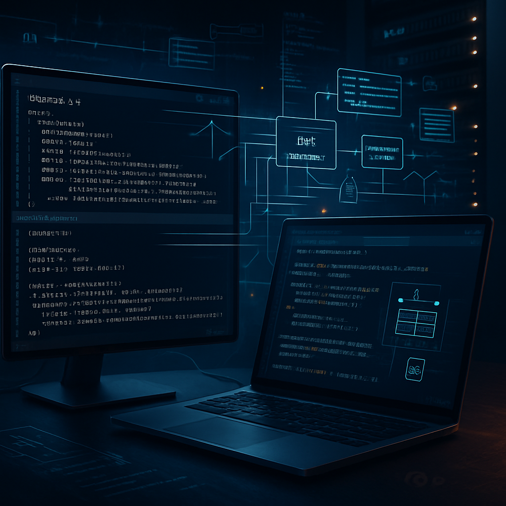 Écrans d'ordinateur affichant du code dans un environnement sombre.