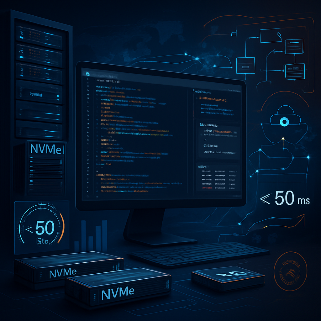 Serveurs NVMe, écran avec du code et latence inférieure à 50 ms.