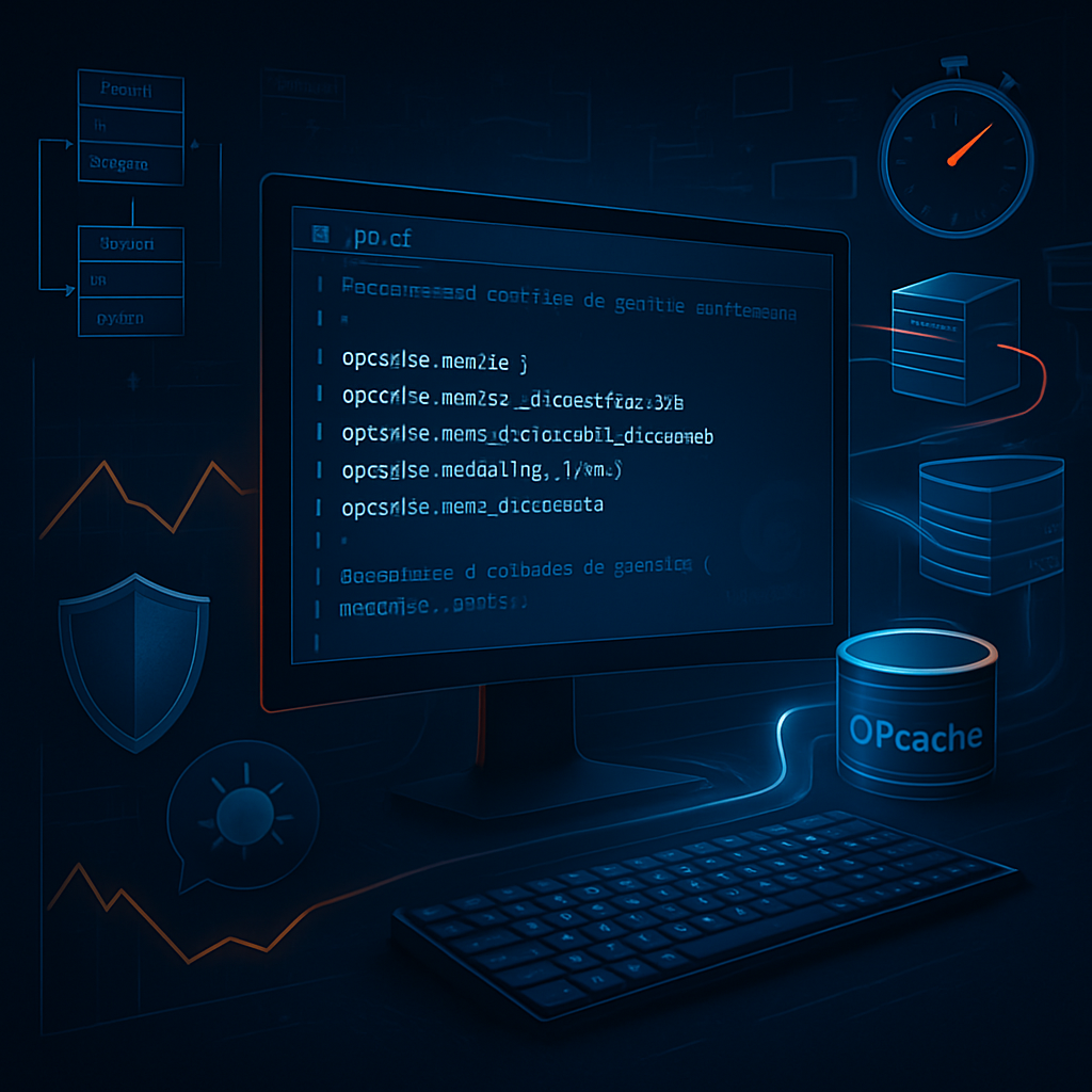 Écran d'ordinateur avec du code OPcache et éléments graphiques numériques.
