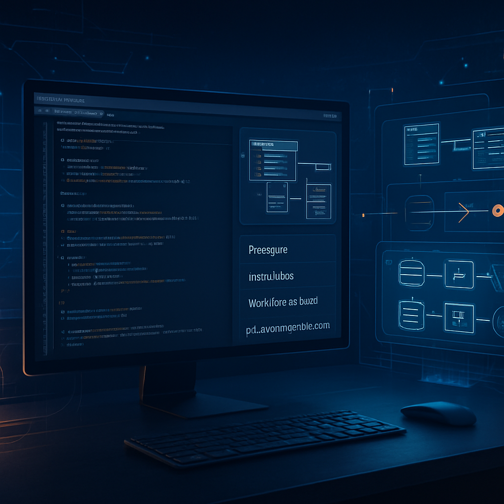 Écran d'ordinateur avec code et diagrammes de workflow.