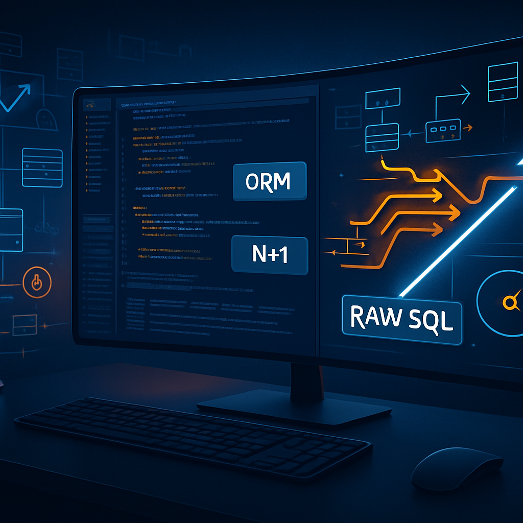 Écran d'ordinateur sur lequel apparaît des concepts de ORM, N+1, et SQL brut.