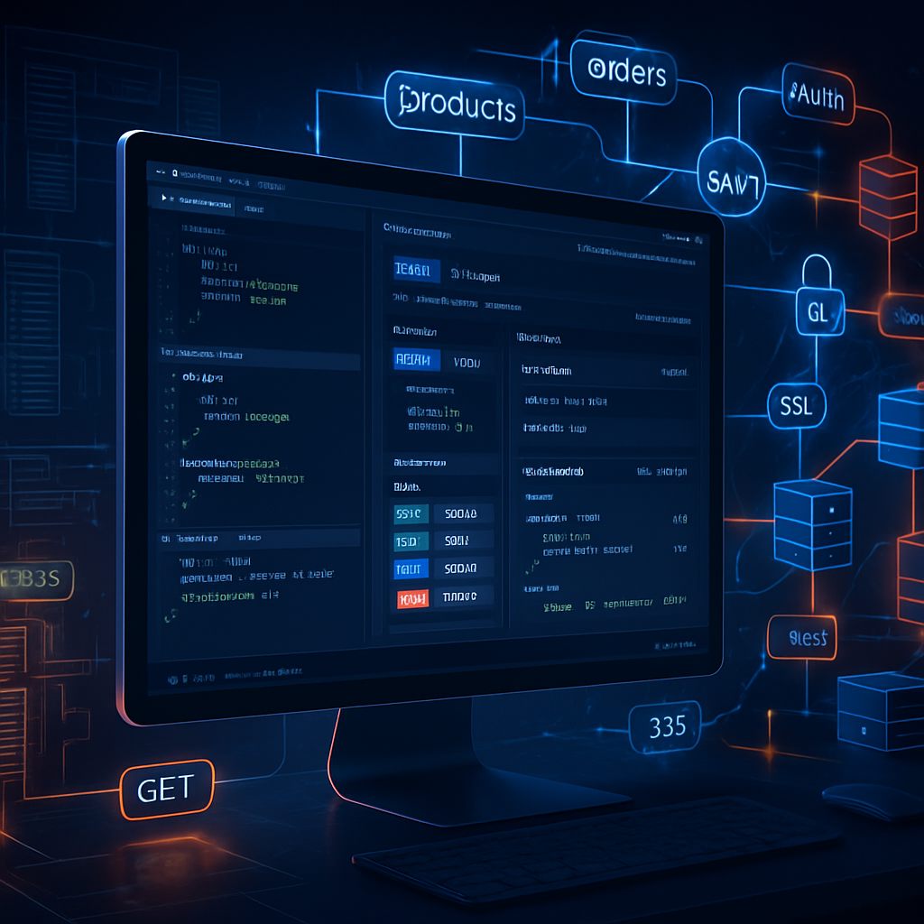 Écran d'ordinateur montrant une interface de développement d'API REST avec des éléments graphiques technologiques.