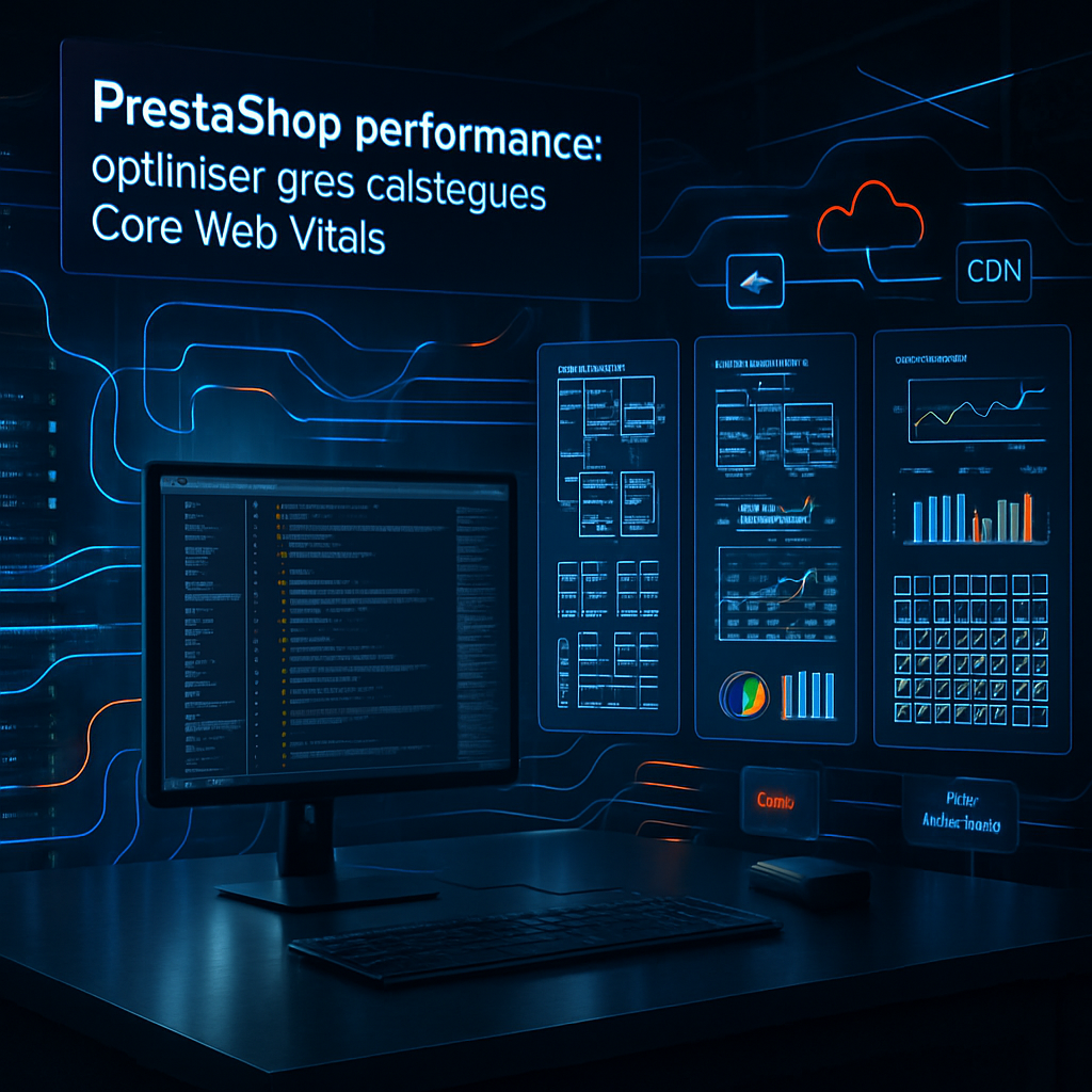 Écran d'ordinateur affichant des données pour optimiser PrestaShop.