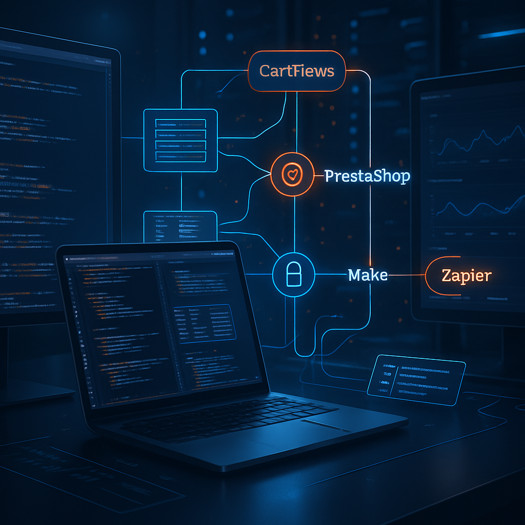CartFlows PrestaShop : guide 2026 pour automatiser Make et Zapier